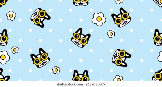 dog seamless pattern french bulldog flower sunglasses daisy puppy vector pet breed cartoon polka dot gift wrapping paper repeat wallpaper tile background doodle illustration isolated design