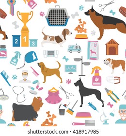 Dog seamless pattern. Heatlh care, vet, nutrition, exhibition. Vector illustration 