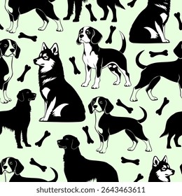 Dog Seamless Pattern with Husky and Beagle Breeds. Black and White Dog Illustration Pattern on Green