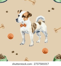 Dog seamless pattern. Jack Russell terrier, food in a bowl, red toy ball and bone. Hand drawn watercolor illustration. Vector clip art for postcards, wrapping paper, wallpaper and fabric.