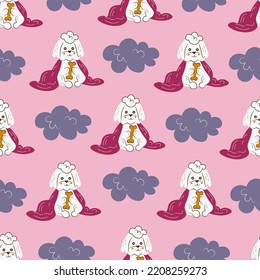 Dog seamless pattern with Maltese and bone. Cute pet background with white puppy under the blanket. Cozy animal repeat vector illustration for shop, product, packaging, kids, sleeping, clothes