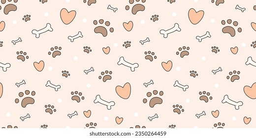 patrón ininterrumpido de perro con patas, huesos, corazones. patas de cachorro. afiche, impresión, postal, mantel, tela, camisa, cortina, franela, toalla de pie. ilustración vectorial caricatura kawaii lindo estilo