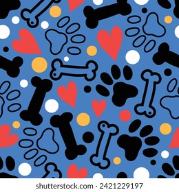 Dog seamless pattern with paws, bones, hearts. Poster, print, post card, table cloth, cloth, shirt, curtain, flannel, foot towel. Can be used in textile industry, paper, background, scrapbooking.