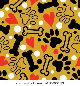 Dog seamless pattern with paws, bones, hearts. Poster, print, post card, table cloth, cloth, shirt, curtain, flannel, foot towel. vector illustration cartoon kawaii cute style.