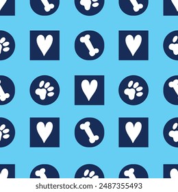 Dog seamless pattern with paws, bones, hearts.  Can be used in textile industry, paper, background, scrapbooking.Vector.
