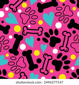 Dog seamless pattern with paws, bones, hearts. Poster, print, post card, table cloth, cloth, shirt, curtain, flannel, foot towel. vector illustration cartoon kawaii cute style. 