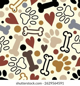 Dog seamless pattern with paws, bones, hearts. Poster, print, post card, table cloth, cloth, shirt, flannel, foot towel.Can be used in textile industry, paper, background, scrapbooking.Vector.