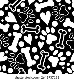 Dog seamless pattern with paws, bones, hearts.Cartoon kawaii cute style. Can be used in textile industry, paper, background, scrapbooking.Vector.
