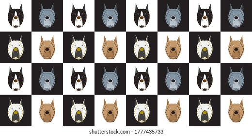Dog seamless pattern, Pitbull on black and white background, Dog icons. 