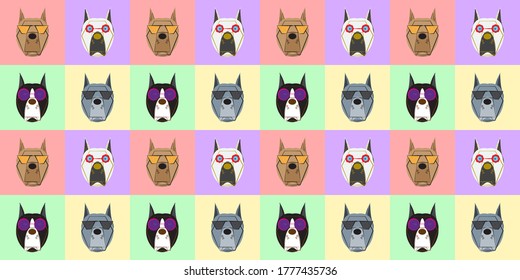 Patrón ininterrumpido de perro, Pitbull sobre fondo colorido, iconos de perro. 