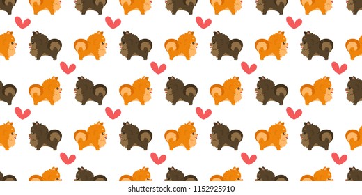 Dog seamless pattern pomeranians and hearts repeat on white background.Vector illustration.