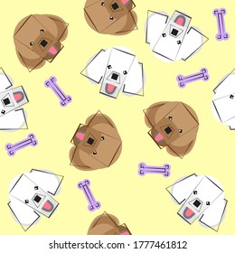 Dog seamless pattern, Poodle on yellow background, Dog icons. 
