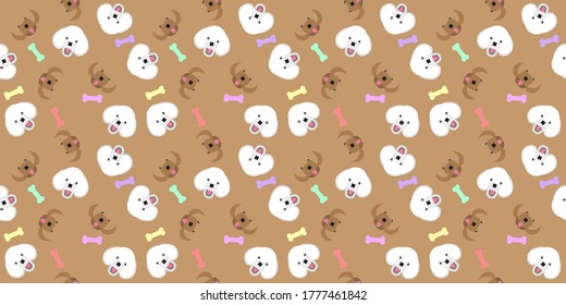 Dog seamless pattern, Poodle on brown background, Dog icons. 