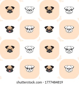 Dog seamless pattern, Pug on brown&white background, Dog icons. 