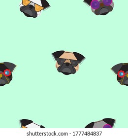 Dog seamless pattern, Pug on blue background, Dog icons. 