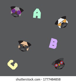 Dog seamless pattern, Pug on dark background, Dog icons. 