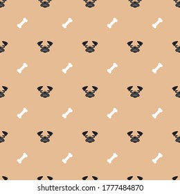 Dog seamless pattern, Pug on brown background, Dog icons. 