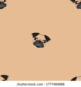 Dog seamless pattern, Pug on brown background, Dog icons. 