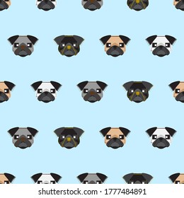 Patrón ininterrumpido de perro, Pug sobre fondo azul, iconos de perro. 