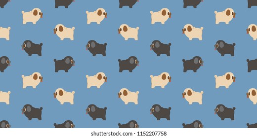 Dog seamless pattern pug repeat on blue background.Vector illustration.