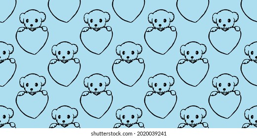 Dog seamless pattern, Puppy and heart on blue background.	