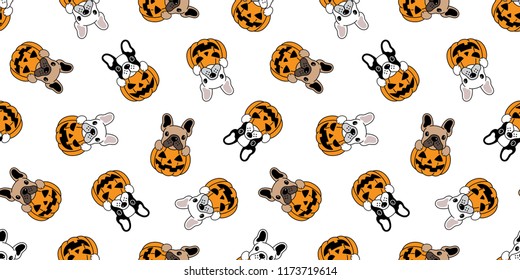 dog seamless pattern vector french bulldog pumpkin Halloween cartoon scarf cartoon isolated repeat wallpaper tile background illustration