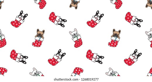 dog seamless pattern vector french bulldog Christmas sock Santa Claus Xmas snowflake candy cane dog paw cartoon scarf isolated tile background repeat wallpaper illustration