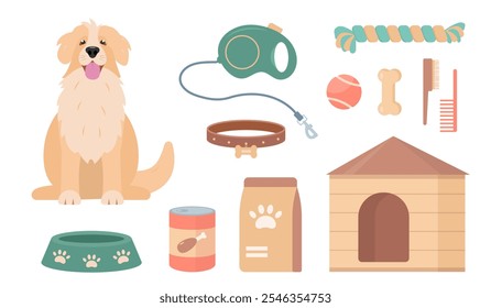 Cão e conjunto de acessórios de cuidados e brinquedos para animais de estimação. Ícones de artigos para cães e animais domésticos, variedade de lojas veterinárias para animais domésticos. Ilustração vetorial isolada sobre fundo branco.