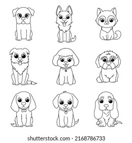 Dog set cartoon coloring page illustration vector. For kids coloring book.