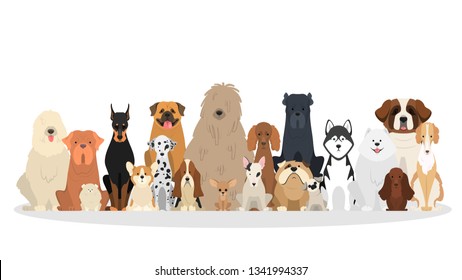 Dog set. Collection of dogs of various breed. Cute funny domestic pet. Dalmatian and german shepherd. Group of animal. Isolated vector illustration in cartoon style