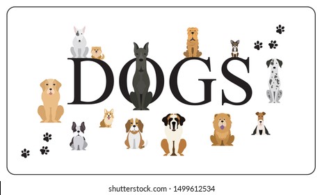 Dog set. Collection of dogs of various breed. Cute funny domestic pet. Dalmatian and german shepherd. Group of animal. Isolated vector illustration in cartoon style