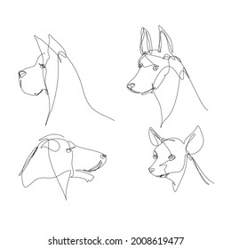 Juego de perros con estilo de arte de línea continua. Pastor, razas más terribles. Esbozar perros. Ilustración vectorial.