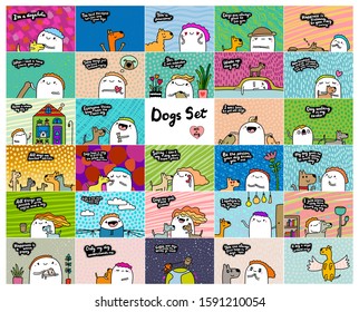 Dog set hand drawn vector illustrations in cartoon comic style people doing activities with pets textured lettering