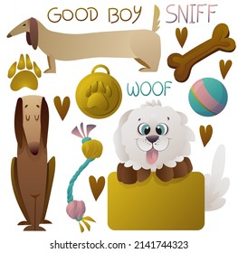 dog set white brown blue pink gold set sign treats toys medal words woof paw vector illustration