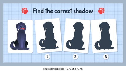 Dog shadow. Cartoon pets. Workbook test. Kids preschool worksheet. Kindergarten riddle. Find correct shade shape or identical silhouette. Logic game. Purebred animal. Vector educational puzzle design