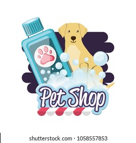 dog with shampoo bottle