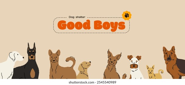 Anuncio de refugio para perros. Perros lindos dibujados a mano para la tienda de mascotas o diseño de volante de adopción de animales. Personajes de perro de dibujos animados de Vector para póster.