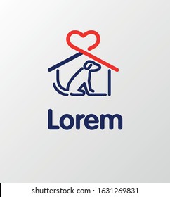 Dog Shelter, Care Service Logo Concept. Sitting Dog, House And Heart Outline Silhouette. Editable EPS Vector