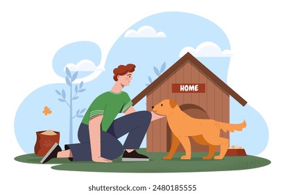 Dog from shelter concept. Man near puppy outdoors. Owner with pet sitting near booth. Young guy in love with domestic animal. Cartoon flat vector illustration isolated on white background