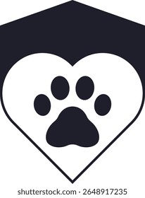Ícone de abrigo de cães com uma pata dentro de um coração, colocado dentro de uma forma de casa. 