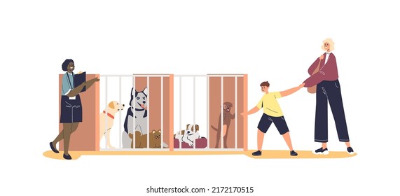 Dog shelter interior with girl volunteer showing puppies to happy family. Mother and kid adopting pet from shelter. Abandoned animal care concept. Cartoon flat vector illustration