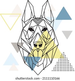 Dog shepherd head in polygonal with Scandinavian abstract geometric background  vector illustration