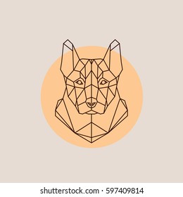 Dog shepherd head in polygonal style. Triangle vector illustration of animal for use as a print on t-shirt and poster. 