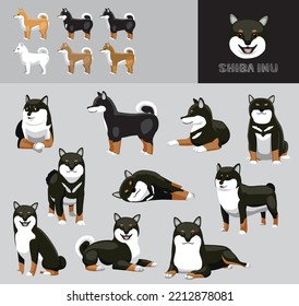 Dog Shiba Inu Bicolor Tan Black Cartoon Vector Illustration Color Variation Set