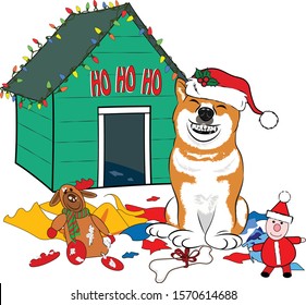 Dog, Shiba Inu, with a big smile showing all its teeth, wearing a Santa Hat, surrounded by toys and torn wrapping paper, sitting in front of a dog house with a sign "HO HO HO" 