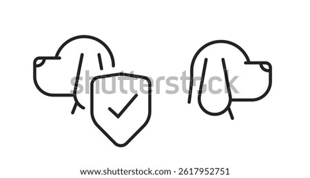 Dog shield logo line stroke icon vector, pet safety guard sign symbol linear thin outline, veterinary medical paw protection silhouette graphic illustration set, puppy face head simple safeguard
