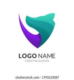 plantilla de logotipo de perro y escudo, estilo de logotipo 3d moderno en color degradado violeta y verde