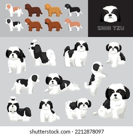 Dog Shih Tzu Black Coat Cartoon Vector Illustration Color Variation Set