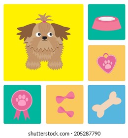 Dog Shih Tzu and dog stuff bow bone food medal award. Square icon set. Vector illustration.
