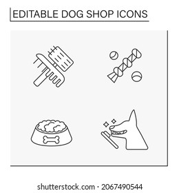  Iconos de la línea de tienda de perros. Productos especiales para perros. Cuidado de las mascotas. Comprar conceptos. Ilustraciones vectoriales aisladas. Trazo editable